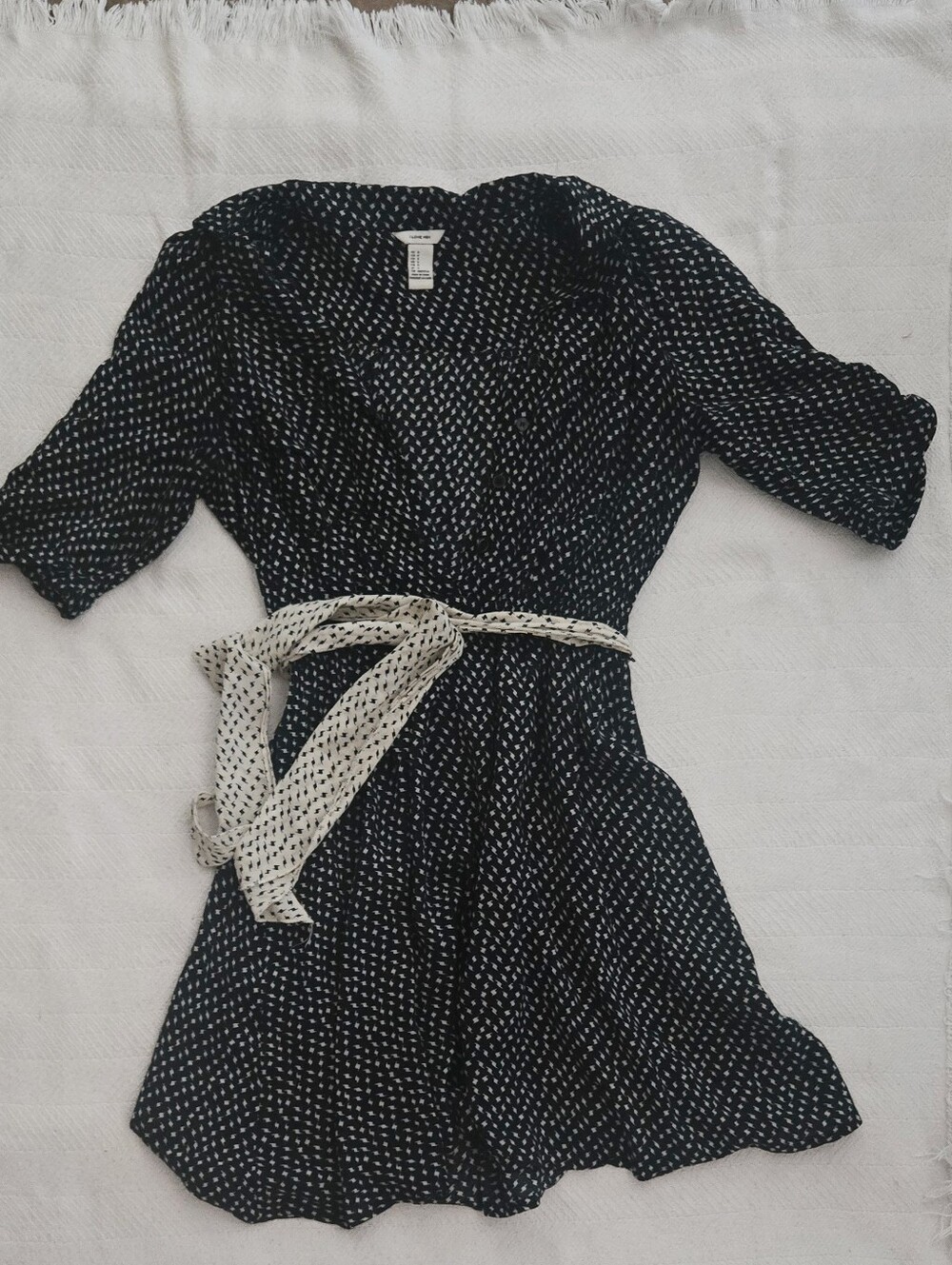 Black Mini Dress with White Dot Print and Cream Tie Belt